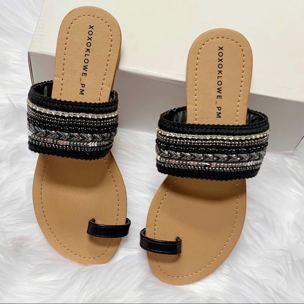 Black + Silver Boho Embellished Toe Ring Slide Sandal Size 5.5 & 6 - Picture 1 of 10